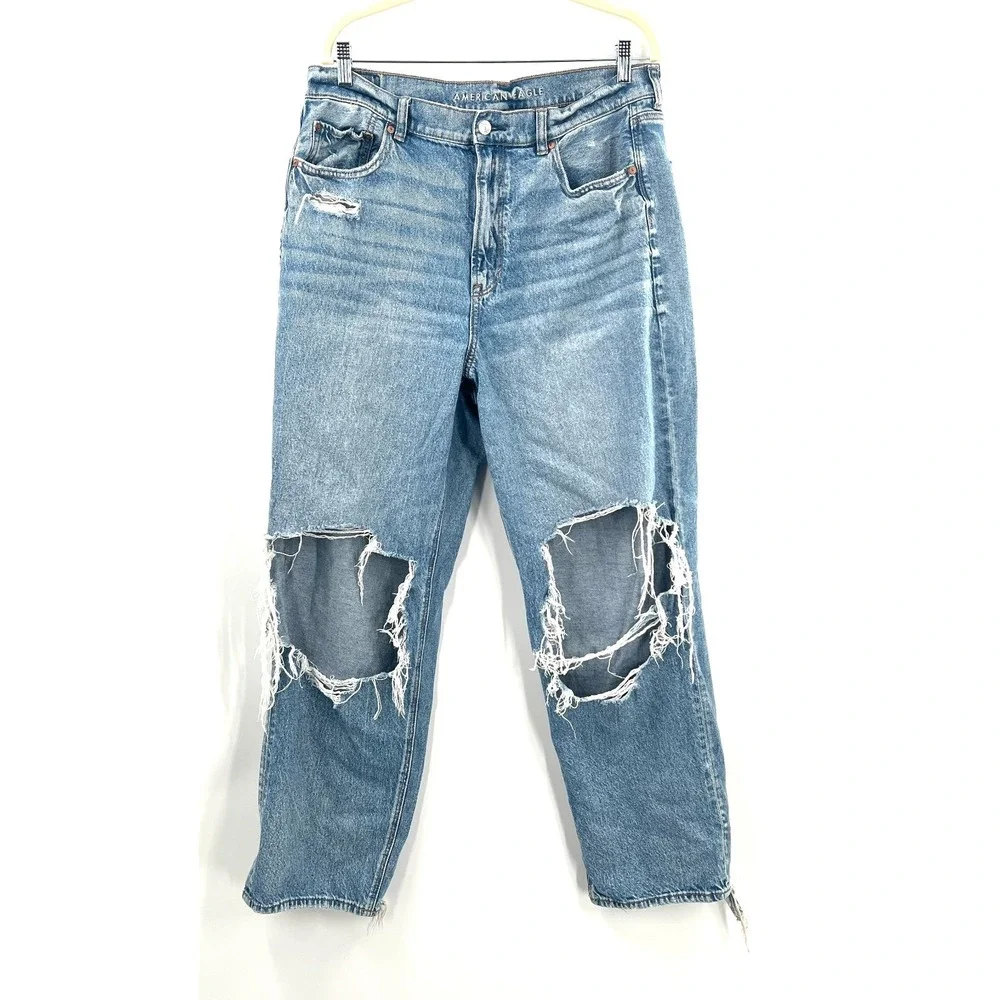 American‎ Eagle AEO highest rise baggy straight leg distressed jeans boho 16